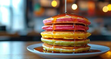 Vibrantly stacked pancakes drizzled with syrup on a neutral background for breakfast delight photo