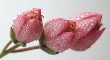 Close-up of delicate pink tulip buds adorned with droplets in soft light photo