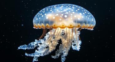 A close-up view of a colorful jellyfish swimming gracefully in deep ocean waters photo