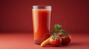 Freshly prepared carrot and tomato juice served in a clear glass against a vibrant red background photo