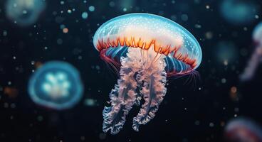 A close-up view of a colorful jellyfish swimming gracefully in deep ocean waters photo