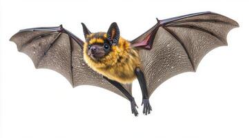 A close-up view of a flying bat with detailed wings against a white background photo