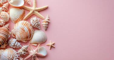 Colorful seashells and starfish arranged artistically on a soft pink background photo