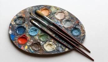 Artistic palette with paint colors and brushes arranged for creative painting session photo