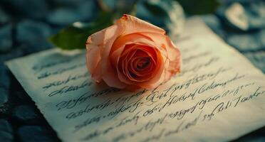 A delicate pink rose rests on an old handwritten letter on a textured surface photo