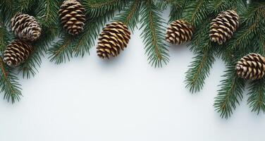 Snow-dusted pine branches and cones arranged artfully on a white background for winter decoration photo