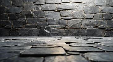 Textured stone wall with warm lighting in a dimly lit indoor space during evening hours photo
