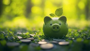 A green piggy bank surrounded by coins and leaves in a sunlit outdoor setting photo