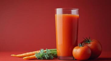 Freshly prepared carrot and tomato juice served in a clear glass against a vibrant red background photo