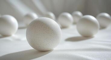 Bright sunlight illuminates white spheres on a wooden table creating delicate shadows photo