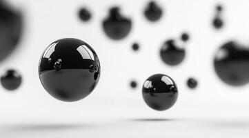 3D rendering of floating black spheres with reflections against a soft light background photo