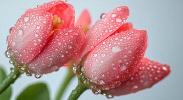 Close-up of delicate pink tulip buds adorned with droplets in soft light photo
