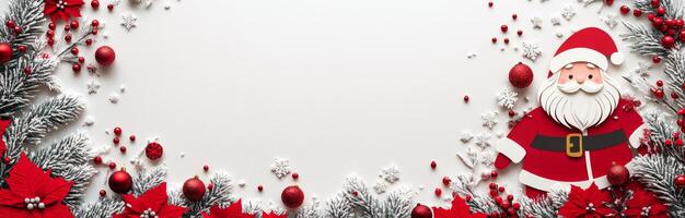 Charming Christmas decorations featuring a jolly Santa alongside snowflakes and festive trees photo