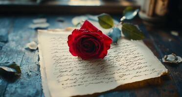 A delicate pink rose rests on an old handwritten letter on a textured surface photo