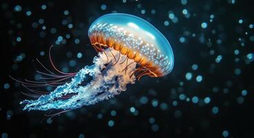 A close-up view of a colorful jellyfish swimming gracefully in deep ocean waters photo