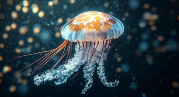 A close-up view of a colorful jellyfish swimming gracefully in deep ocean waters photo