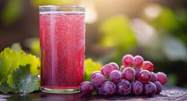 Refreshing sparkling grape juice served in glass beside fresh grapes in a sunlit garden photo