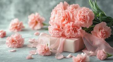 Delicate pink carnations beautifully arranged with a gift box adorned with ribbon photo