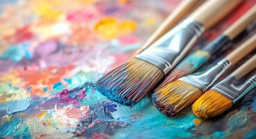 Colorful paint palette with assorted brushes arranged artistically on a vibrant background photo