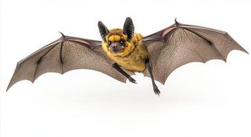 A close-up view of a flying bat with detailed wings against a white background photo