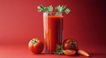 Freshly prepared carrot and tomato juice served in a clear glass against a vibrant red background photo
