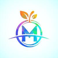 Initial alphabet M with the abstract apple logo. Healthy food logo design template vector