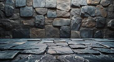 Textured stone wall with warm lighting in a dimly lit indoor space during evening hours photo