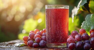 Refreshing sparkling grape juice served in glass beside fresh grapes in a sunlit garden photo