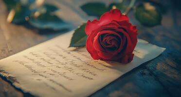 A delicate pink rose rests on an old handwritten letter on a textured surface photo