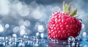 Fresh raspberry resting on a reflective surface with raindrops and soft lighting in the background photo
