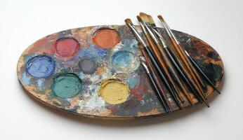 Artistic palette with paint colors and brushes arranged for creative painting session photo