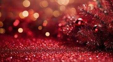A vibrant red background showcases shimmering Christmas tree branches adorned with bright ornaments photo
