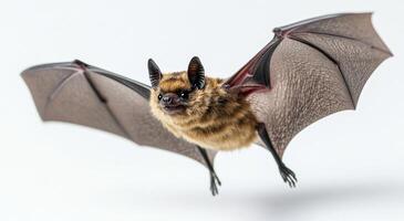 A close-up view of a flying bat with detailed wings against a white background photo