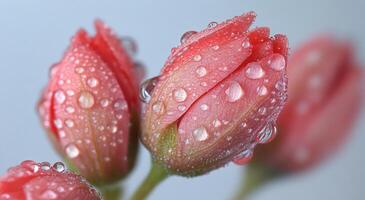 Close-up of delicate pink tulip buds adorned with droplets in soft light photo