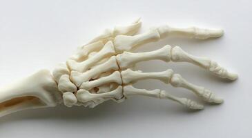 Detailed view of a human hand skeleton model demonstrating bone structure and anatomy photo