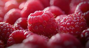 Freshly harvested raspberries glistening under natural light in a summer setting photo