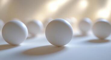 Bright sunlight illuminates white spheres on a wooden table creating delicate shadows photo