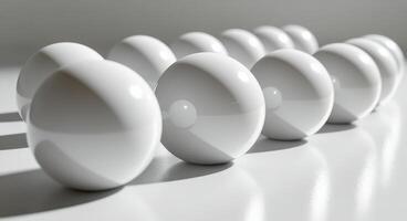 Bright sunlight illuminates white spheres on a wooden table creating delicate shadows photo
