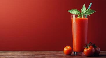 Freshly prepared tomato juice garnished with mint leaves alongside ripe tomatoes on rustic wood photo