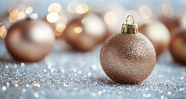 Golden Christmas ornaments gleam on a sparkling table during the holidays photo
