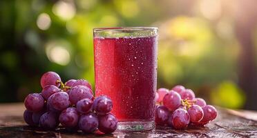 Refreshing sparkling grape juice served in glass beside fresh grapes in a sunlit garden photo