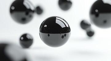 3D rendering of floating black spheres with reflections against a soft light background photo