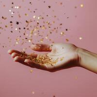 A hand gently releasing golden star-shaped confetti against a soft pink background photo