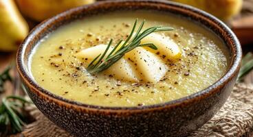 Creamy butternut squash soup with fresh pear and rosemary sprinkled on top photo