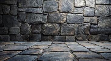 Textured stone wall with warm lighting in a dimly lit indoor space during evening hours photo