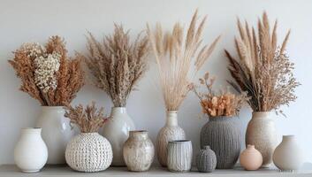 Decorative vases filled with dried flowers creating a cozy atmosphere in a well-lit room photo