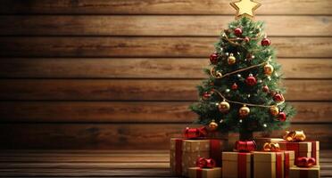 Festively decorated Christmas tree with red ornaments and wrapped gifts in a cozy wooden setting photo