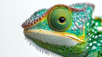 Colorful chameleon displaying vibrant patterns on its scales in natural light photo
