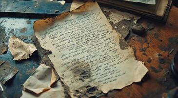 Old, weathered handwritten letters resting on a wooden table with dirt and debris scattered around photo