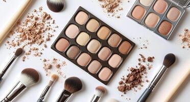 Makeup arrangement with neutral shades and tools on a white background for beauty enthusiasts photo